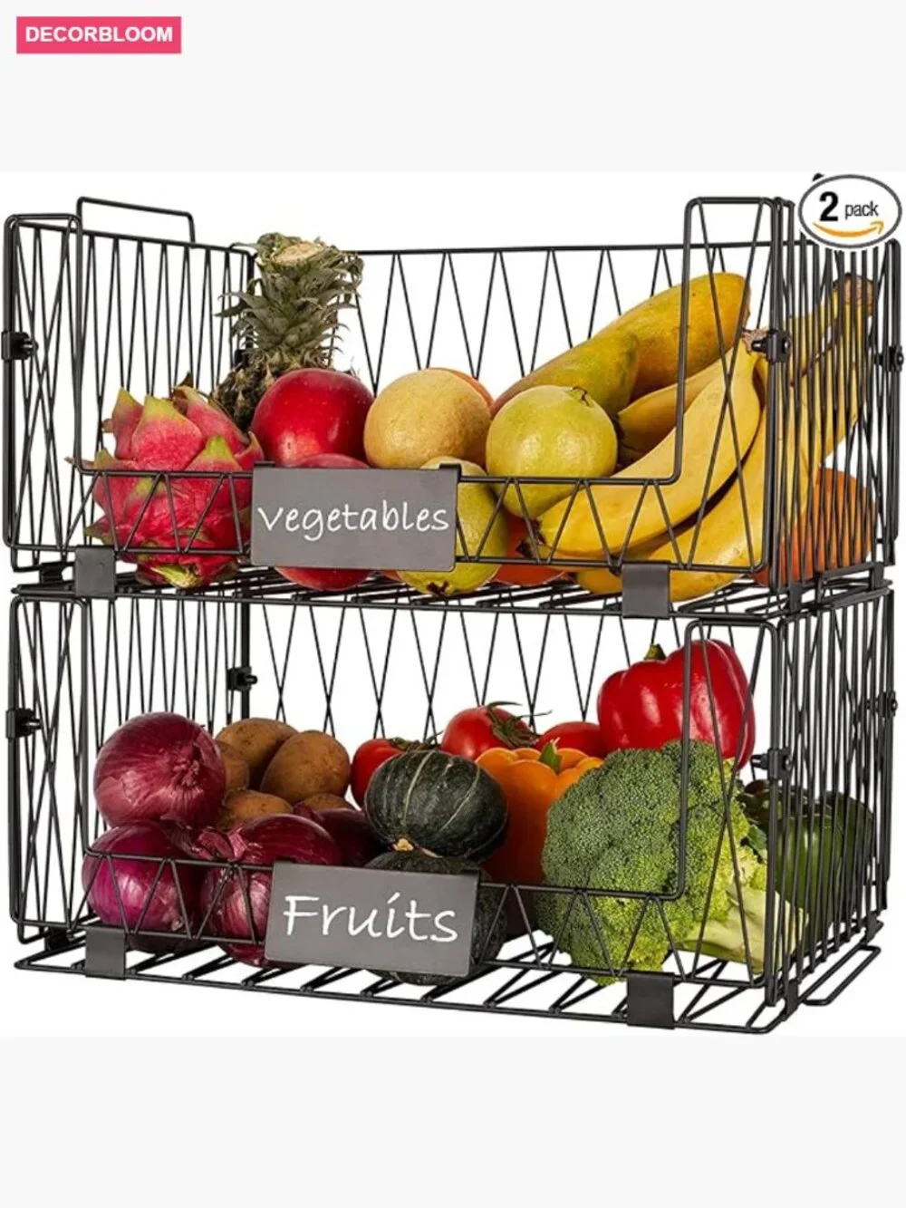 2 Pack Stackable Wire Storage Baskets for Kitchen Cabinet Pantry Organization